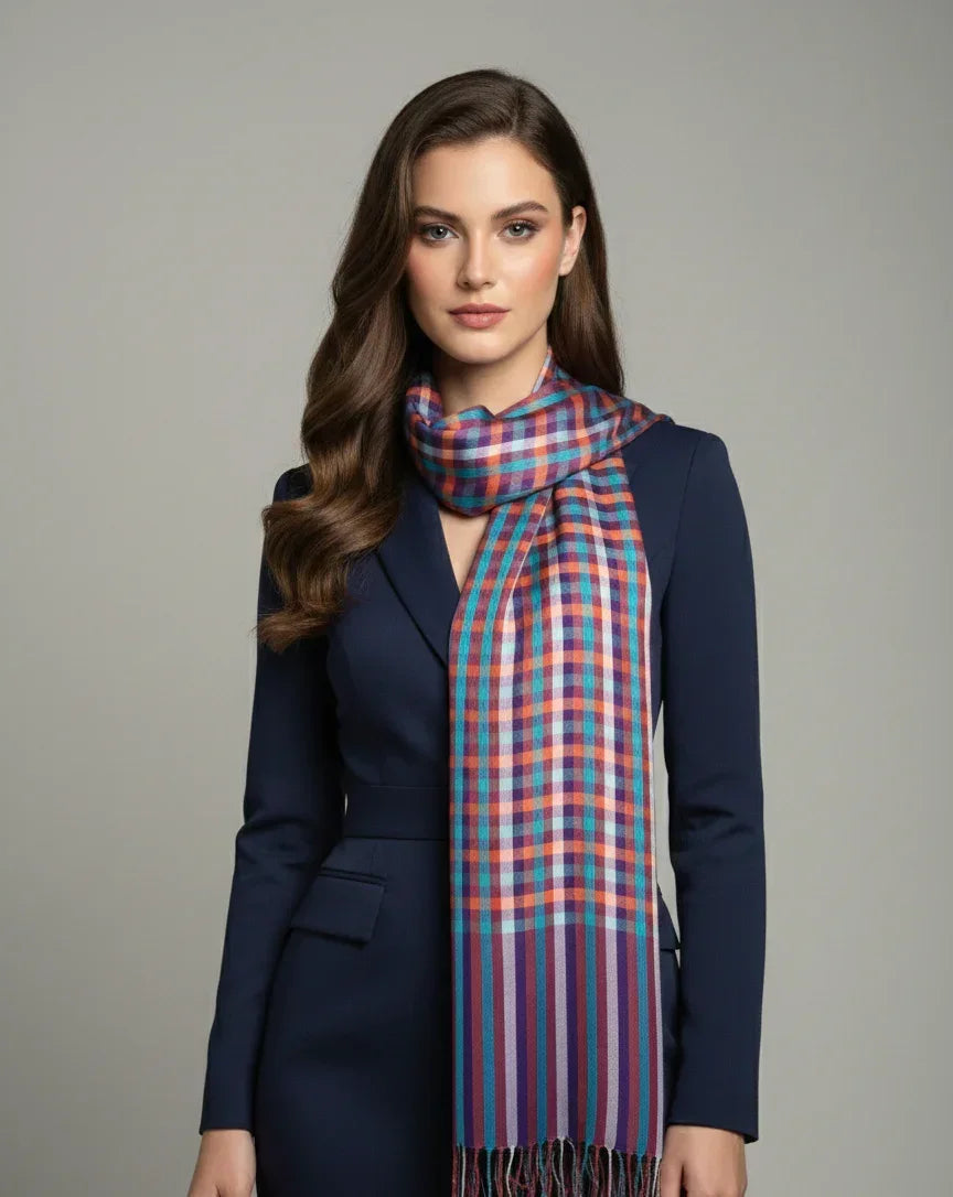 The Amritsar Store, Multicolor Bamboo Silk Scarf, Soft & Fine Quality with Check Pattern All Season - The Amritsar Store