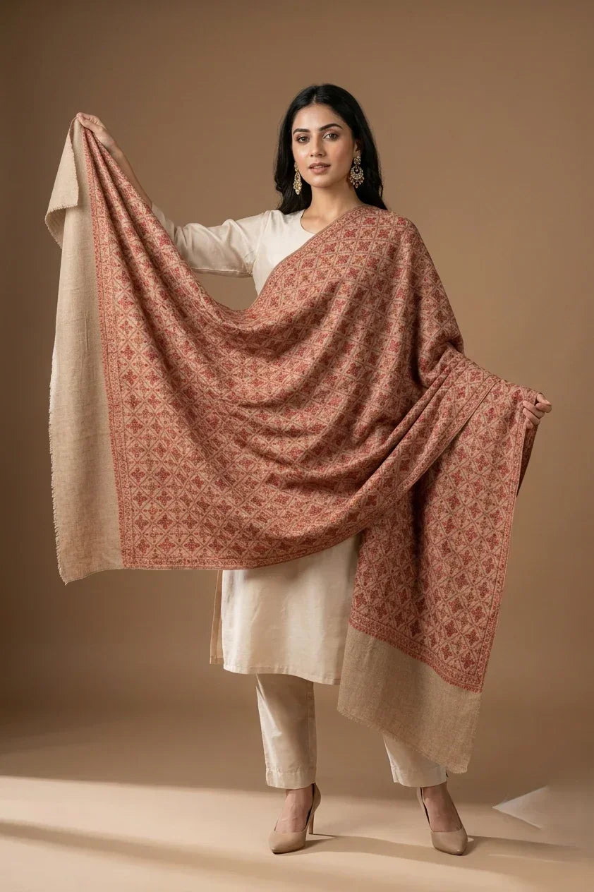 Women's Wool Shawl – Beige Hand Embroidered Elegant Wrap | The Amritsar Store - The Amritsar Store