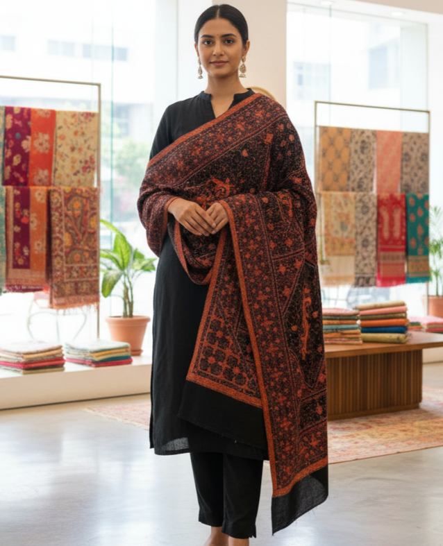 The Amritsar Store Black Pashmina Shawl with intricate Sozni embroidery – luxurious handcrafted wrap showcasing fine Kashmiri craftsmanship and elegance.