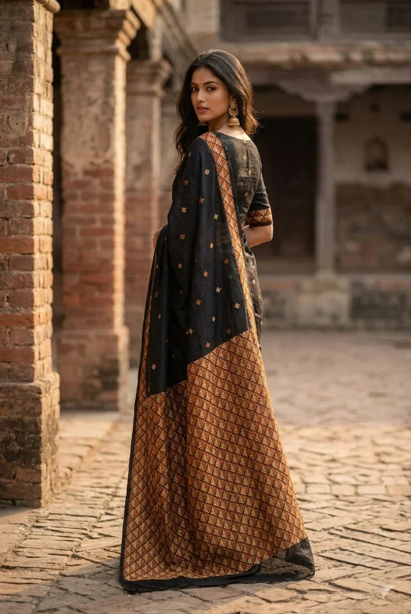 Phulkari Saree – Hand Embroidered Black Punjabi Saree | The Amritsar Store - The Amritsar Store