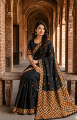 Hand embroidered black silk Phulkari saree with traditional Punjabi embroidery and geometric border design for women