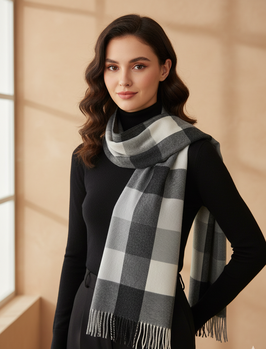 “The Amritsar Store classic black and white check wool scarf, soft woven winter scarf