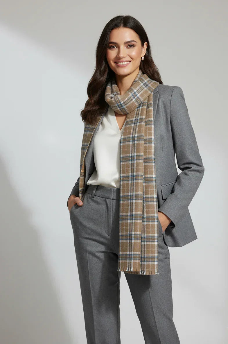Brown Blue Checkered Wool Shawl – Soft Winter Scarf for Men & Women | The Amritsar Store - The Amritsar Store