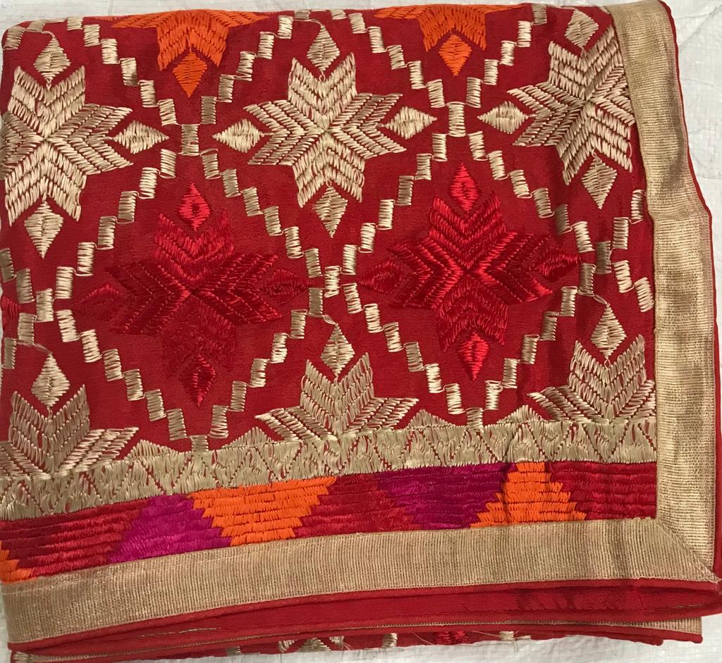 Phulkari Dupatta For Women Multicolor Traditional Embroidery Handmade Full Jaal Dupatta With Four side Gotta Size 2.25 Mtr x 0.95 Mtr - The Amritsar Store
