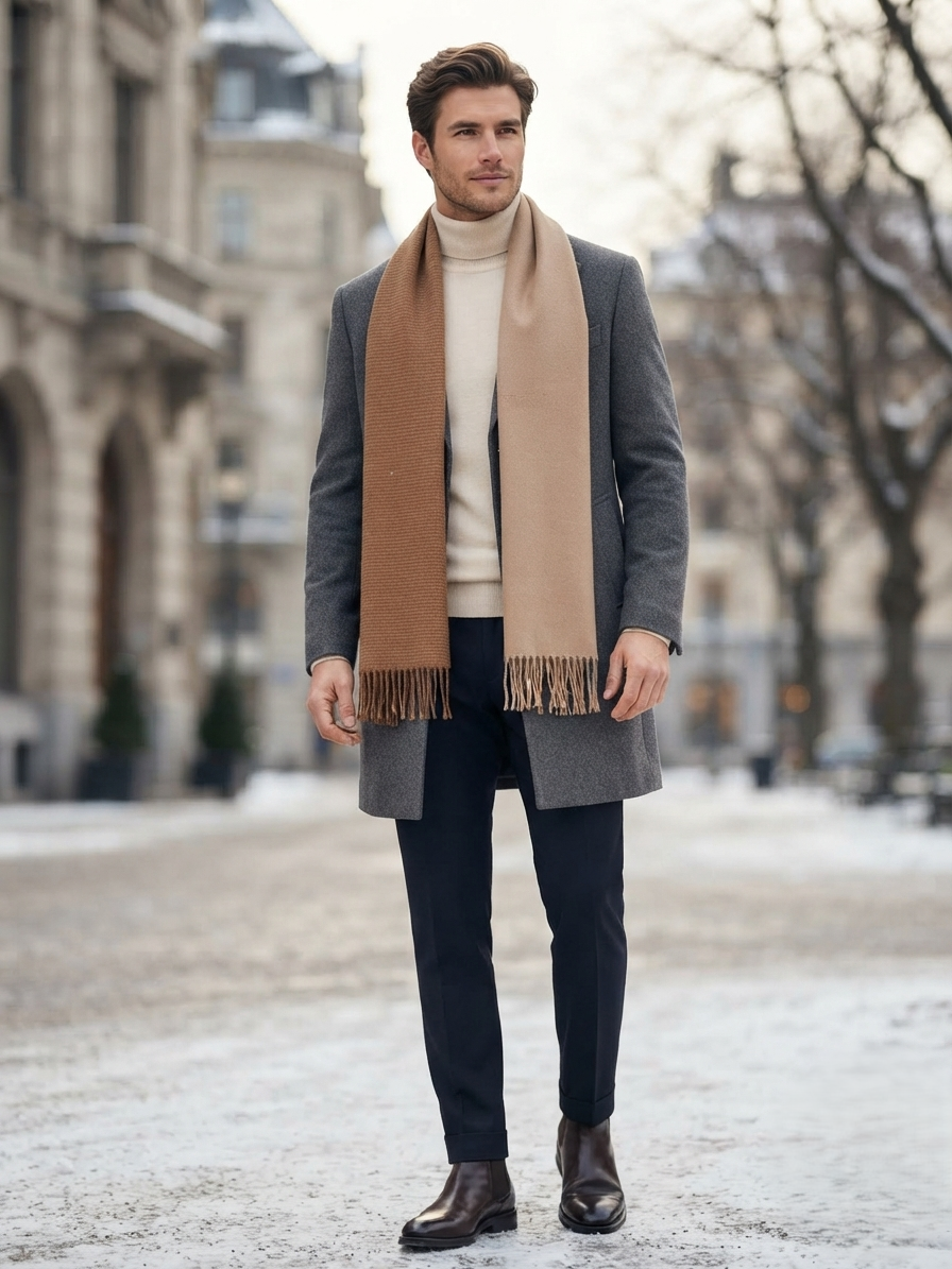 The Amritsar Store Elegant Camel Brown Two-Tone Winter Scarf – Soft Cozy Wrap with Fringed Edges