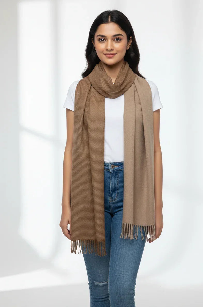 The Amritsar Store Elegant Camel Brown Two-Tone Winter Scarf – Soft Cozy Wrap with Fringed Edges - The Amritsar Store