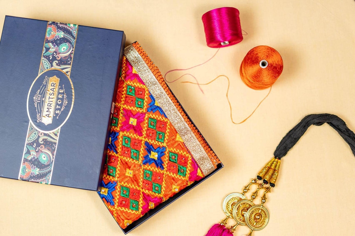Phulkari Dupatta Handmade Orange Colour with Exquisite Heavy Embroidery Design For Wedding With Gotta 2.20 Mtr x 0.97 Mtr - The Amritsar Store