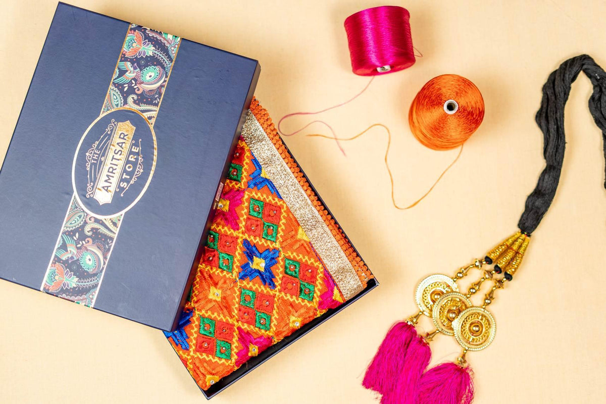 Phulkari Dupatta Handmade Orange Colour with Exquisite Heavy Embroidery Design For Wedding With Gotta 2.20 Mtr x 0.97 Mtr - The Amritsar Store