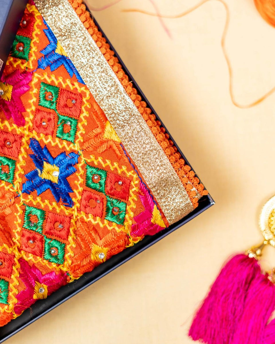 Phulkari Dupatta Handmade Orange Colour with Exquisite Heavy Embroidery Design For Wedding With Gotta 2.20 Mtr x 0.97 Mtr - The Amritsar Store