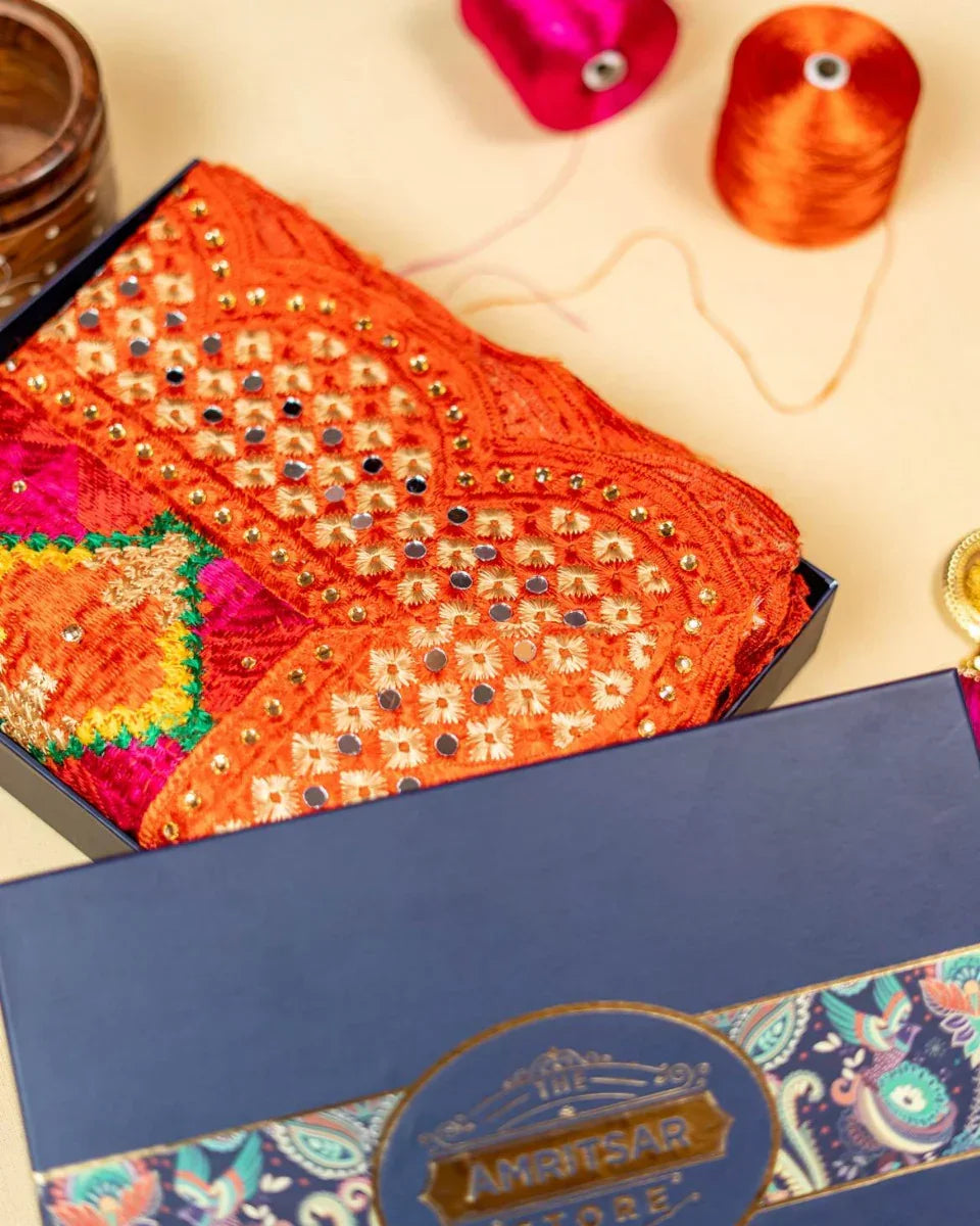 Phulkari Dupatta in Orange Color with Punjabi Traditional Hand Embroidery Cut Work & Stone Work 2.25 Mtr x 0.95 Mtr - The Amritsar Store