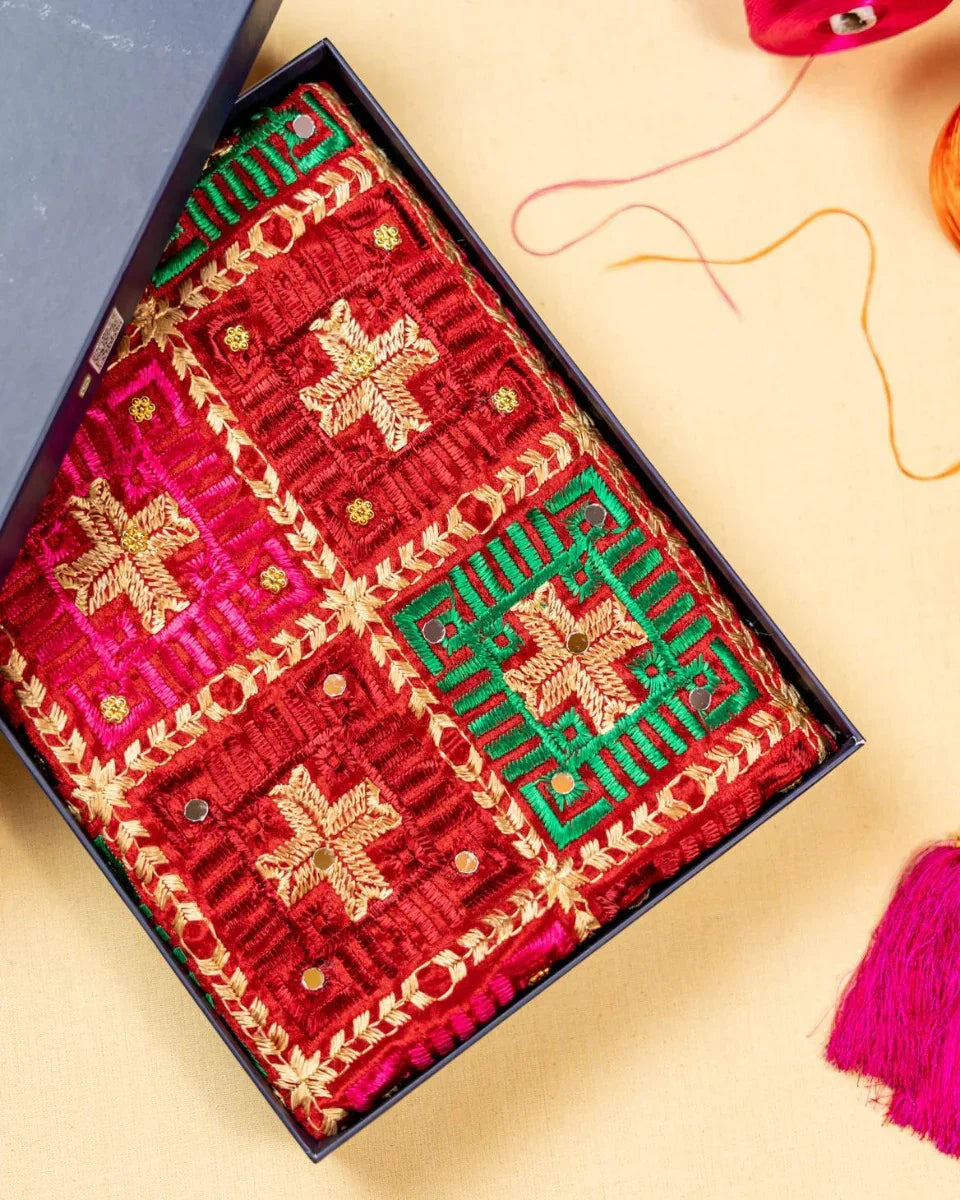 Phulkari Dupatta Luxurious Maroon With Elegant Handmade Embroidery & Cut Work For Wedding 2.35 Mtr 0.95 Mtr - The Amritsar Store