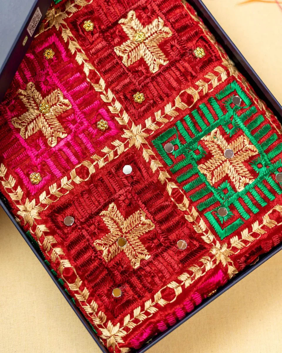 Phulkari Dupatta Luxurious Maroon With Elegant Handmade Embroidery & Cut Work For Wedding 2.35 Mtr 0.95 Mtr - The Amritsar Store