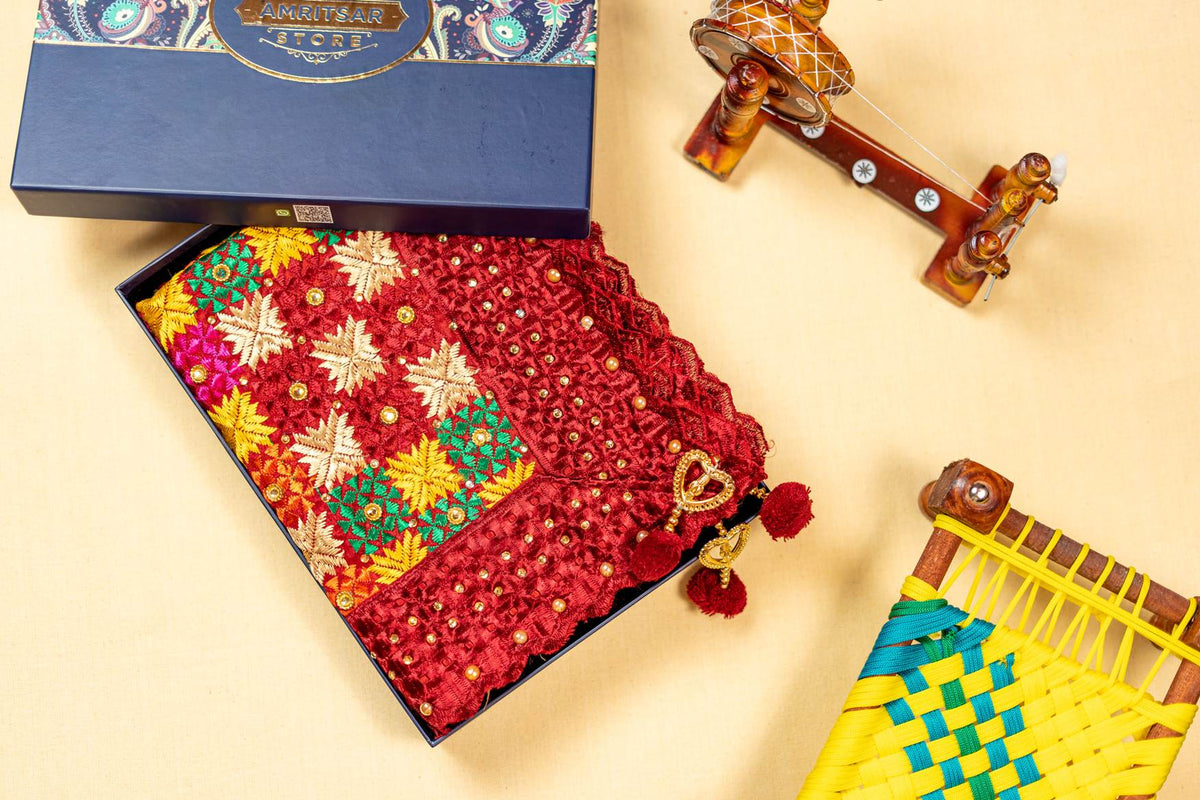 Phulkari Dupatta in Gorgeous Maroon With Multicolour Authentic Hand Embroidery With Tassels & Cut Work 2.25 Mtr x 0.92 Mtr - The Amritsar Store