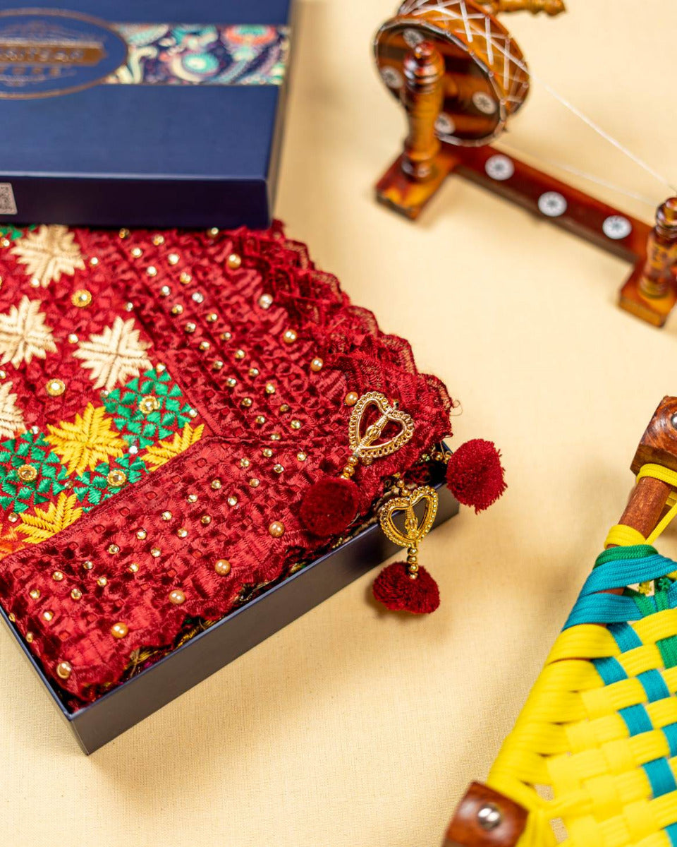 Phulkari Dupatta in Gorgeous Maroon With Multicolour Authentic Hand Embroidery With Tassels & Cut Work 2.25 Mtr x 0.92 Mtr - The Amritsar Store