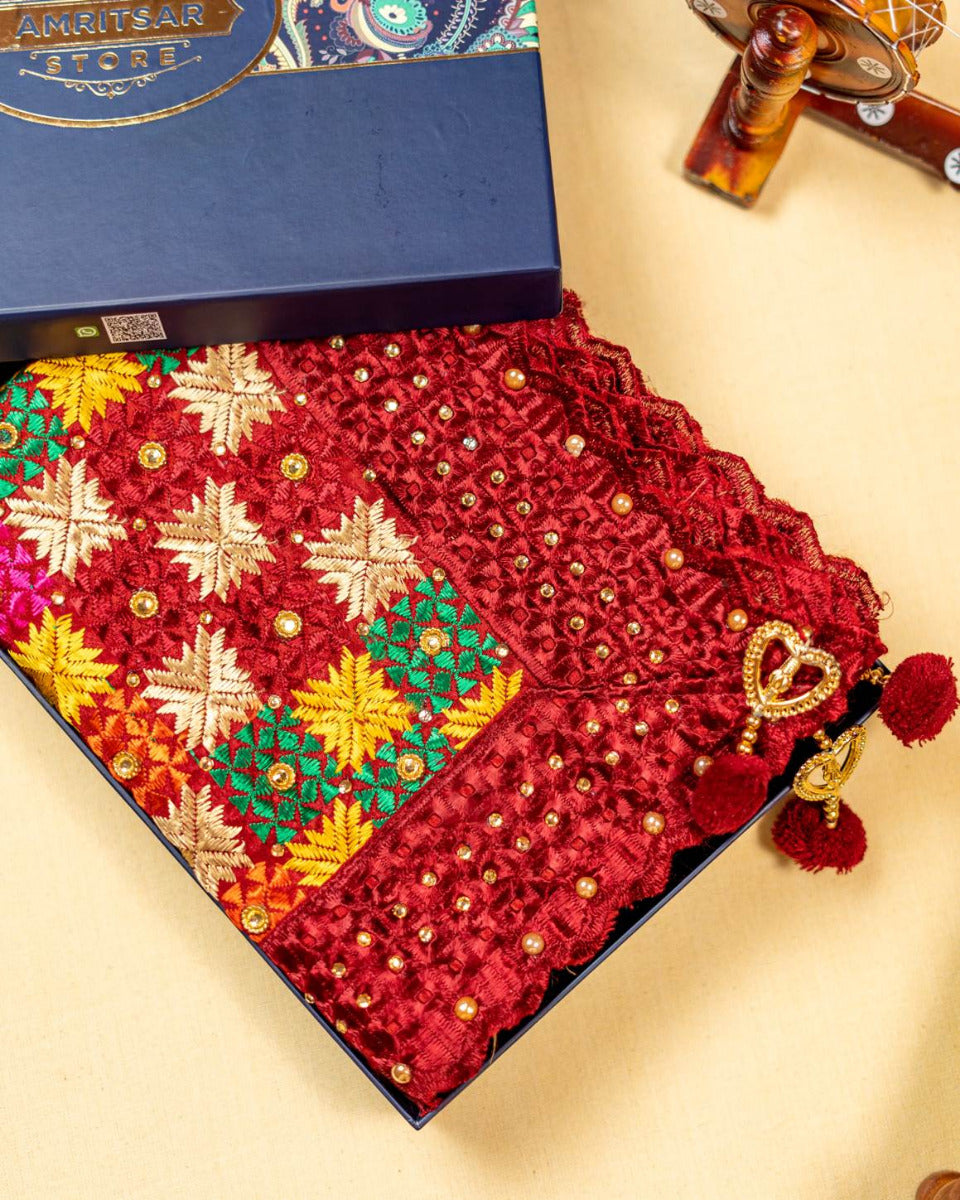 Phulkari Dupatta in Gorgeous Maroon With Multicolour Authentic Hand Embroidery With Tassels & Cut Work 2.25 Mtr x 0.92 Mtr - The Amritsar Store