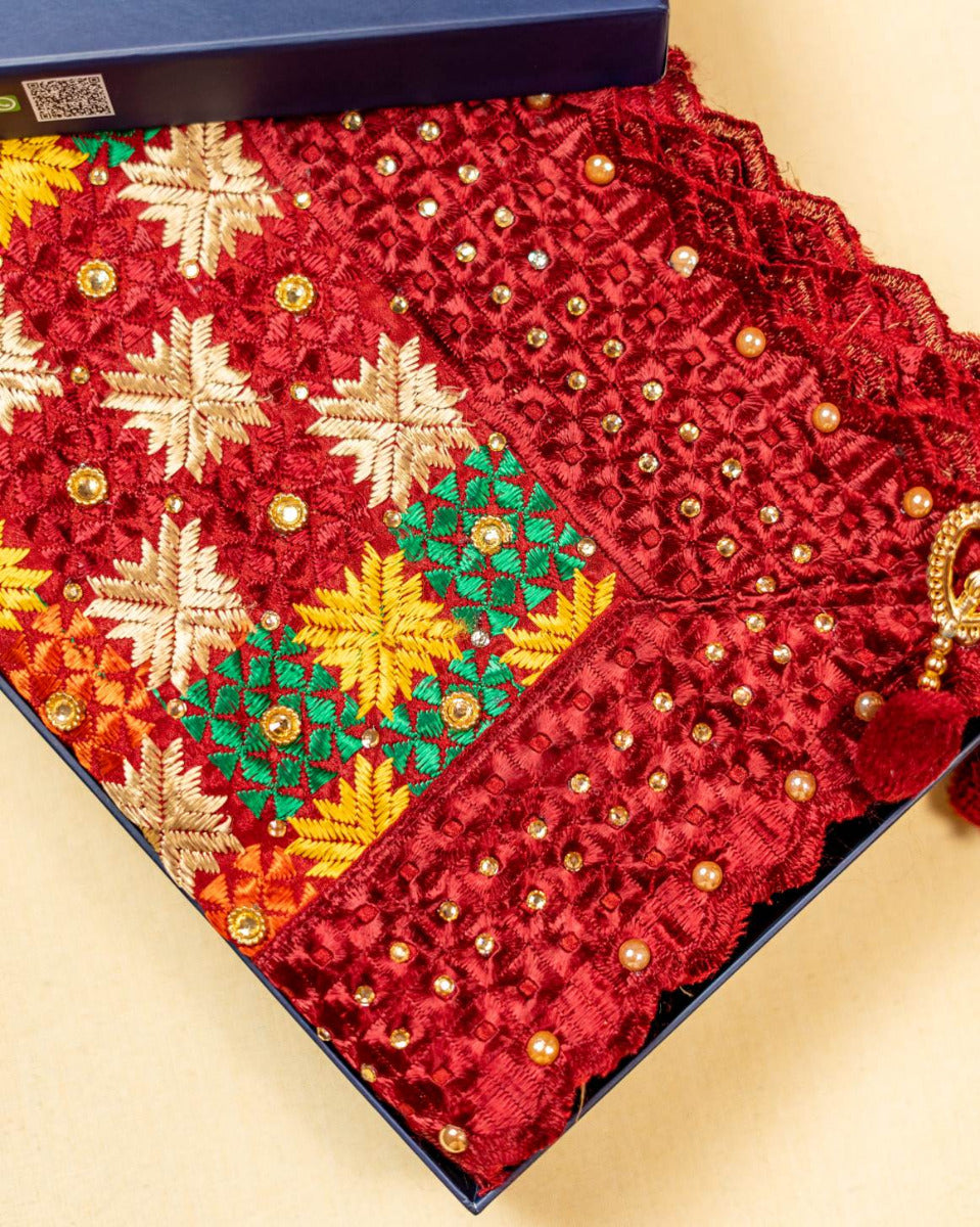 Phulkari Dupatta in Gorgeous Maroon With Multicolour Authentic Hand Embroidery With Tassels & Cut Work 2.25 Mtr x 0.92 Mtr - The Amritsar Store