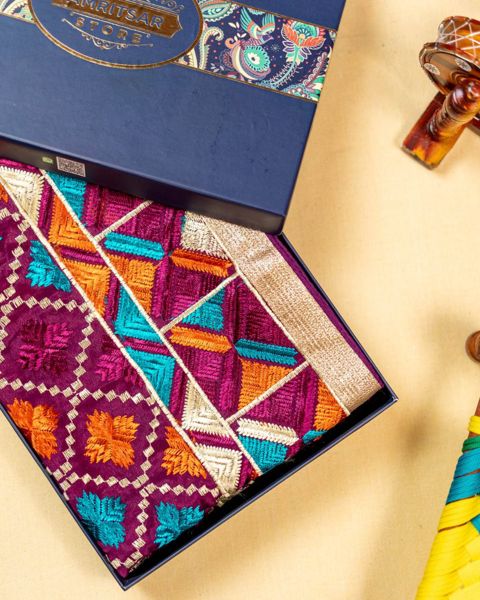 Phulkari Dupatta in Wine Colored With Traditional Multicolor Hand Embroidery With Four Side Gotta 2.25 Mtr x 0.98 Mtr - The Amritsar Store