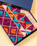 Phulkari Dupatta in Wine Colored With Traditional Multicolor Hand Embroidery With Four Side Gotta 2.25 Mtr x 0.98 Mtr - The Amritsar Store