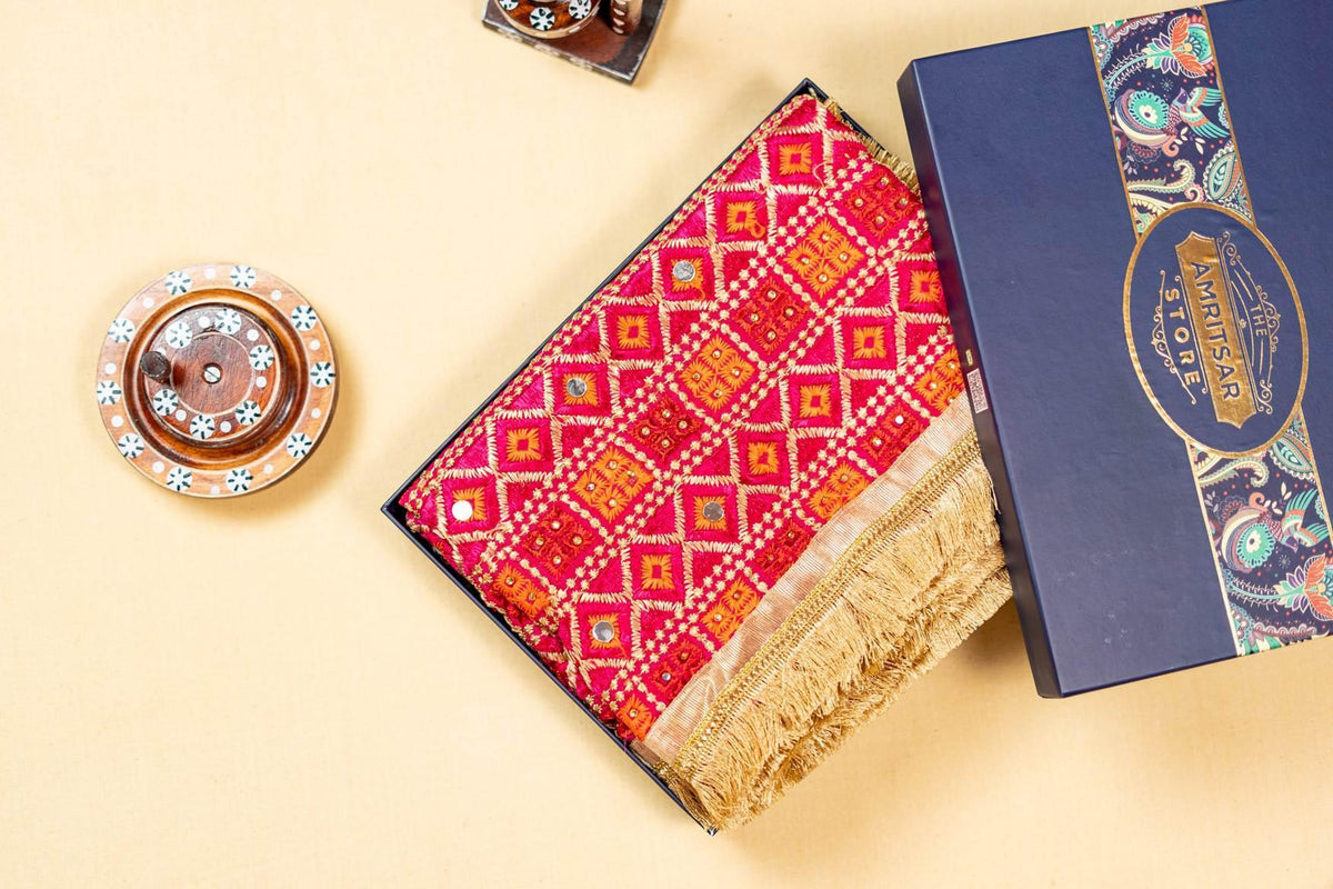 Magenta Phulkari Dupatta With Four Side Golden Lace & Mirror Work By The Amritsar Store - The Amritsar Store