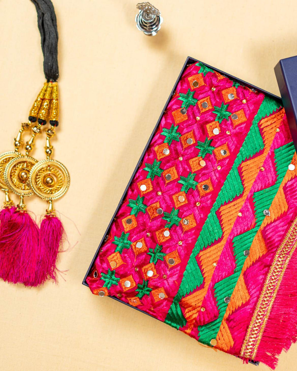 Phulkari Dupatta in Classic Magenta featuring Multicolour Handcrafted Embroidery For Women 2.25 Mtr x 1.00 Mtr - The Amritsar Store