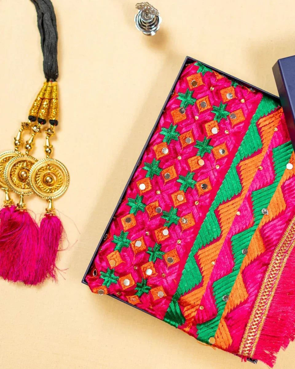 Phulkari Dupatta in Classic Magenta featuring Multicolour Handcrafted Embroidery For Women 2.25 Mtr x 1.00 Mtr - The Amritsar Store