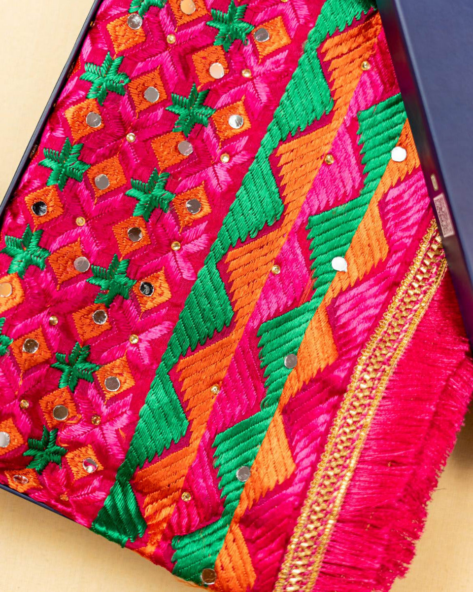 Phulkari Dupatta in Classic Magenta featuring Multicolour Handcrafted Embroidery For Women 2.25 Mtr x 1.00 Mtr - The Amritsar Store