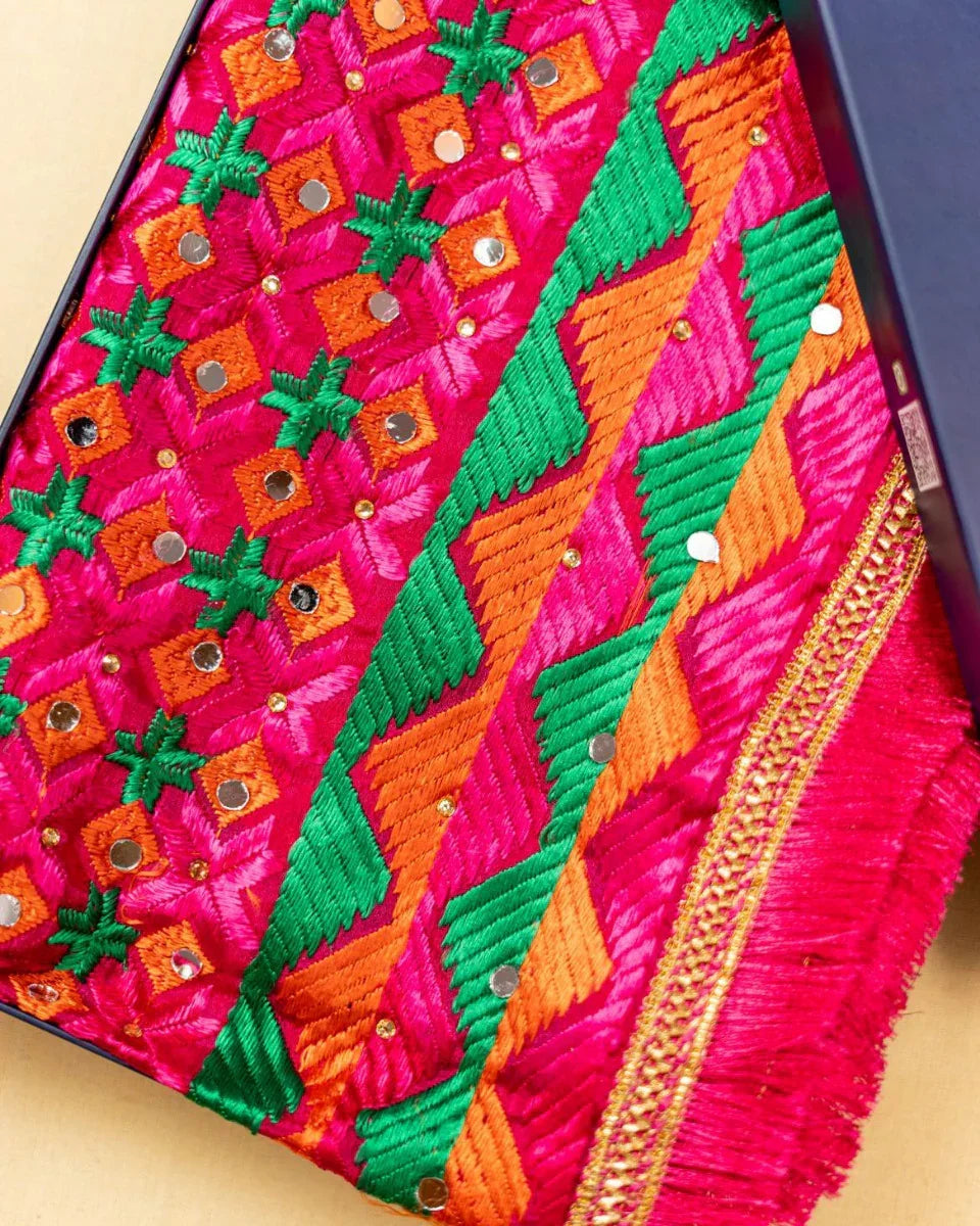 Phulkari Dupatta in Classic Magenta featuring Multicolour Handcrafted Embroidery For Women 2.25 Mtr x 1.00 Mtr - The Amritsar Store