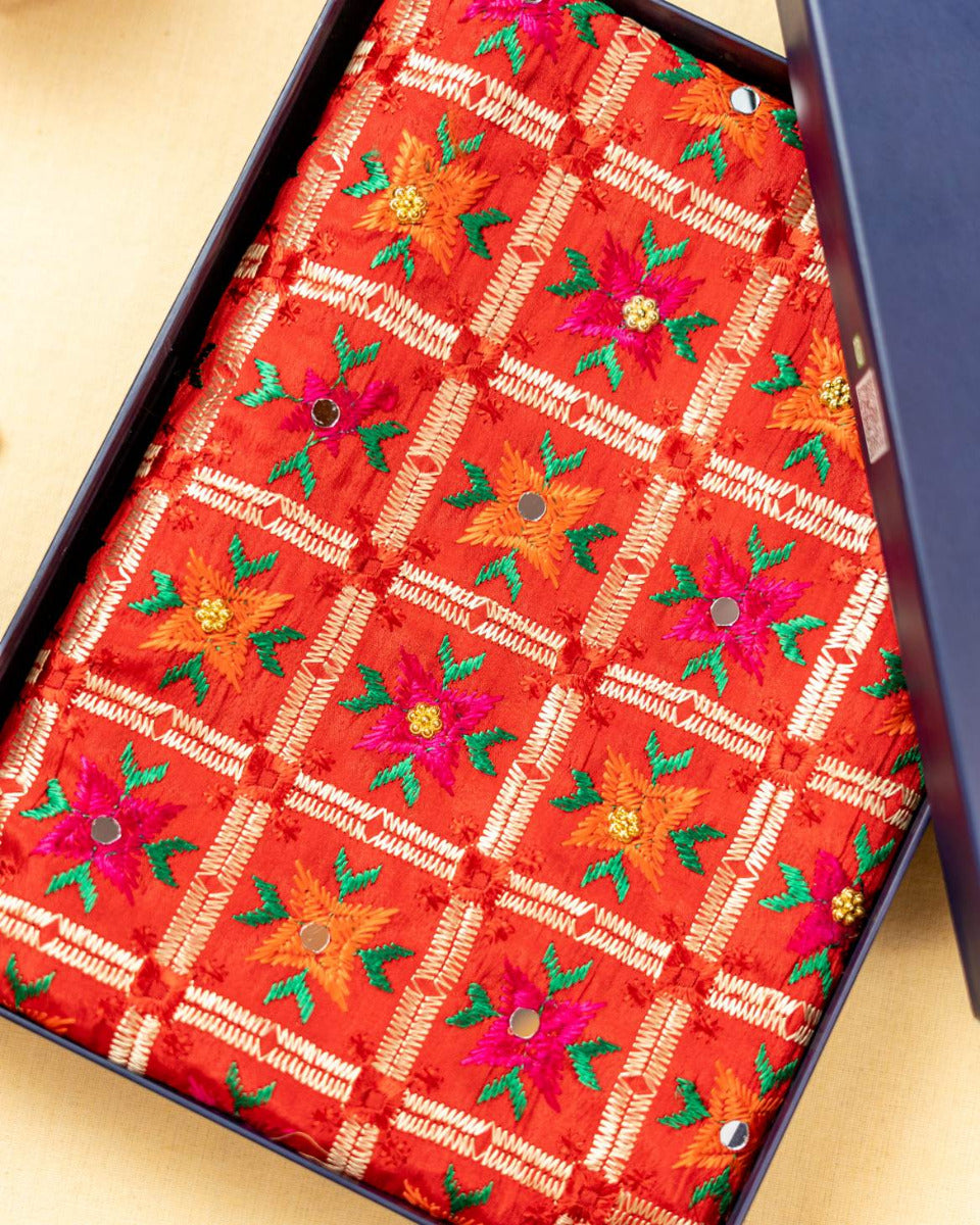 Phulkari Dupatta in Vibrant Red with Beautiful Hand Embroidery For Wedding With Cut Work 2.35 Mtr x 0.90 Mtr - The Amritsar Store