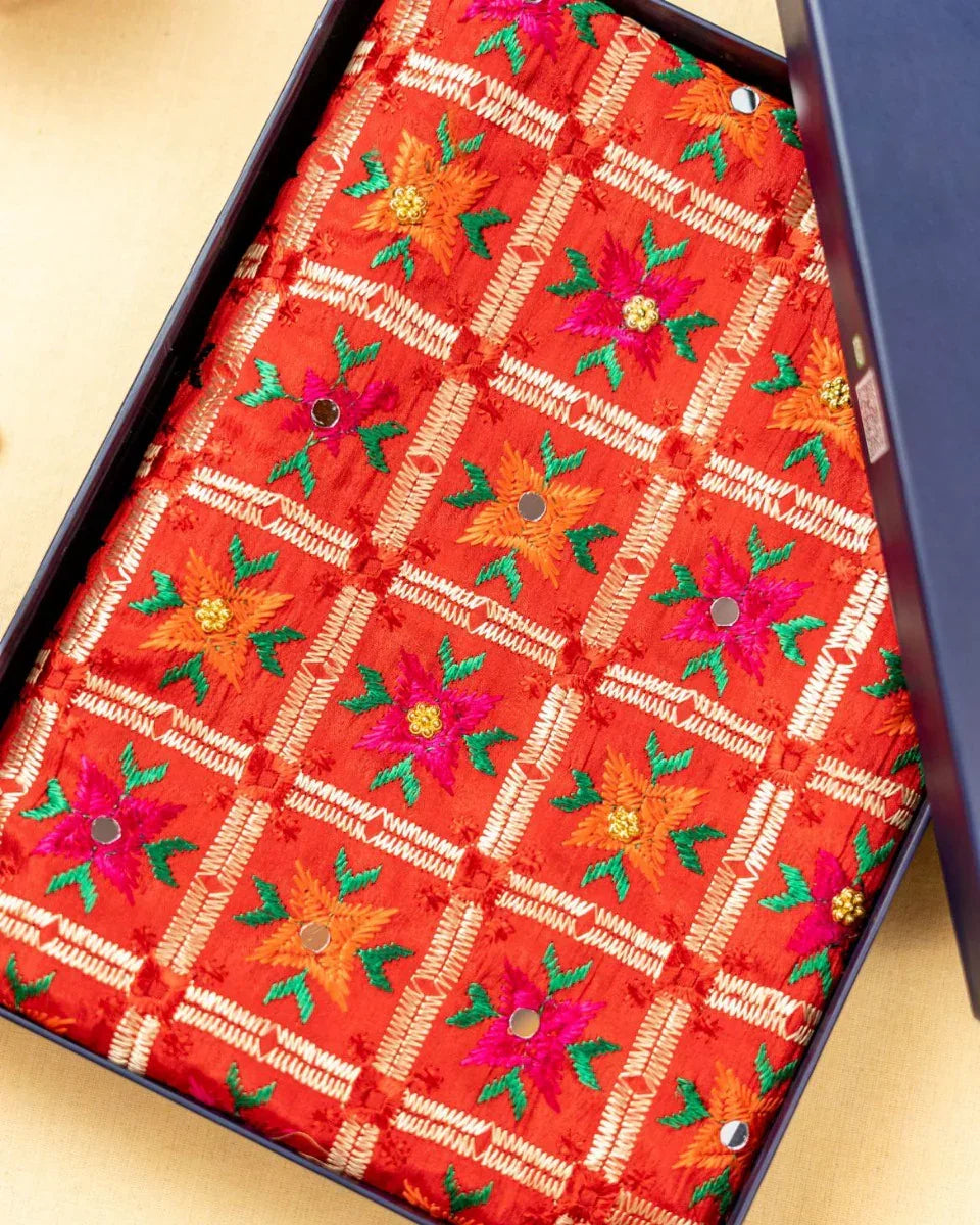 Phulkari Dupatta in Vibrant Red with Beautiful Hand Embroidery For Wedding With Cut Work 2.35 Mtr x 0.90 Mtr - The Amritsar Store