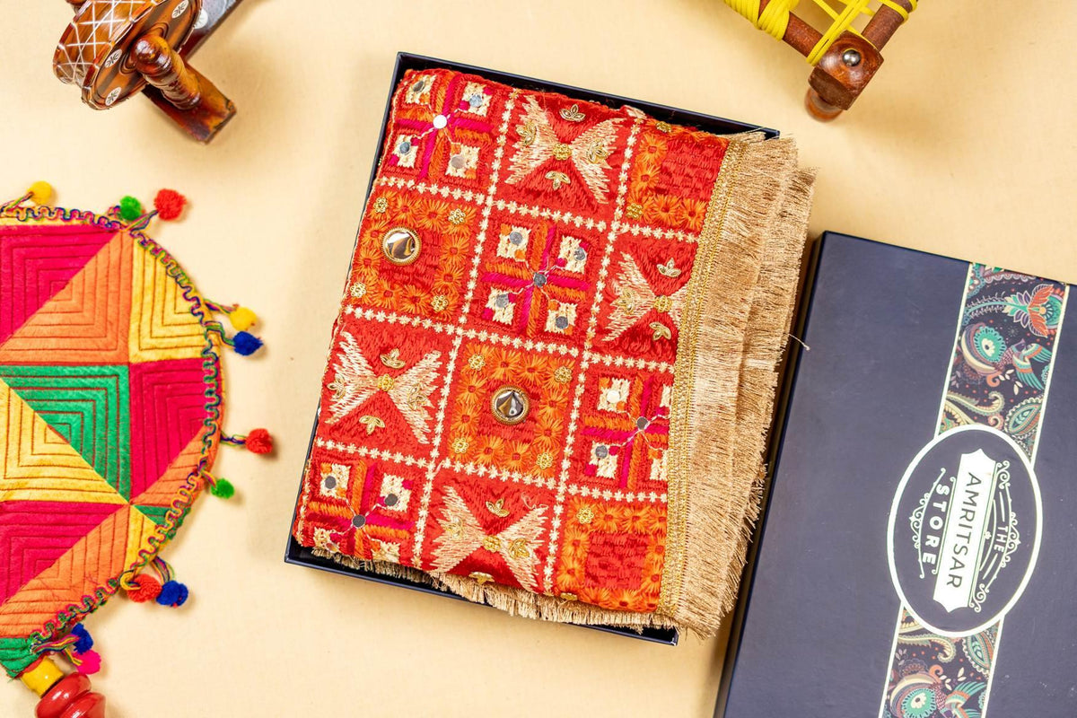 Red Phulkari Dupatta With Four Side Golden Lace & Mirror Work By The Amritsar Store - The Amritsar Store
