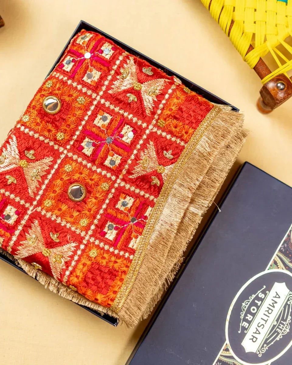 Red Phulkari Dupatta With Four Side Golden Lace & Mirror Work By The Amritsar Store - The Amritsar Store