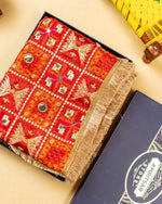 Red Phulkari Dupatta With Four Side Golden Lace & Mirror Work By The Amritsar Store - The Amritsar Store