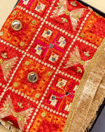 Red Phulkari Dupatta With Four Side Golden Lace & Mirror Work By The Amritsar Store - The Amritsar Store