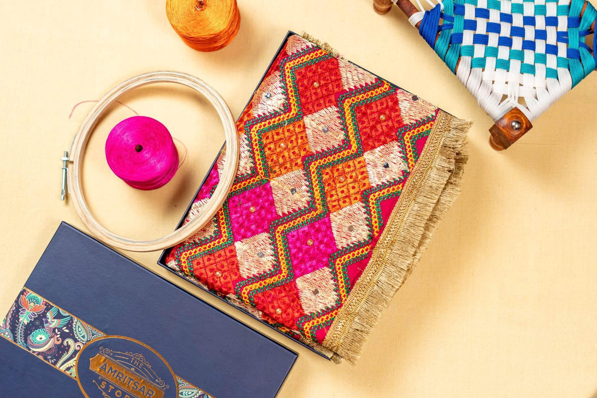 Zig Zag Multicolored Phulkari Dupatta With Four Side Golden Lace & Mirror Work By The Amritsar Store - The Amritsar Store
