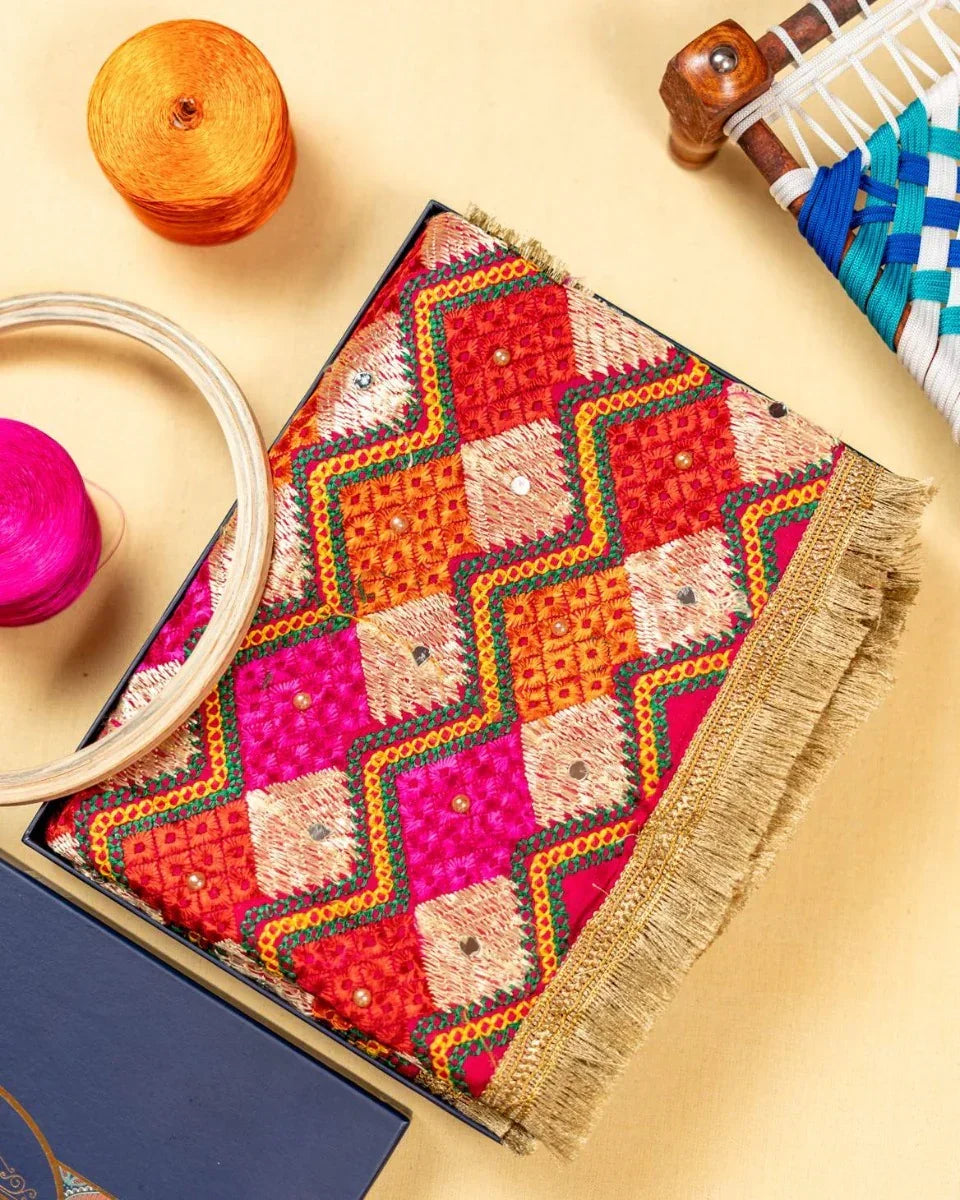 Zig Zag Multicolored Phulkari Dupatta With Four Side Golden Lace & Mirror Work By The Amritsar Store - The Amritsar Store