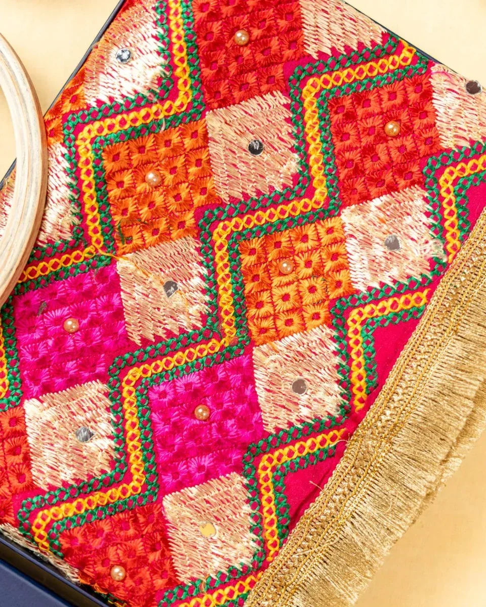 Zig Zag Multicolored Phulkari Dupatta With Four Side Golden Lace & Mirror Work By The Amritsar Store - The Amritsar Store