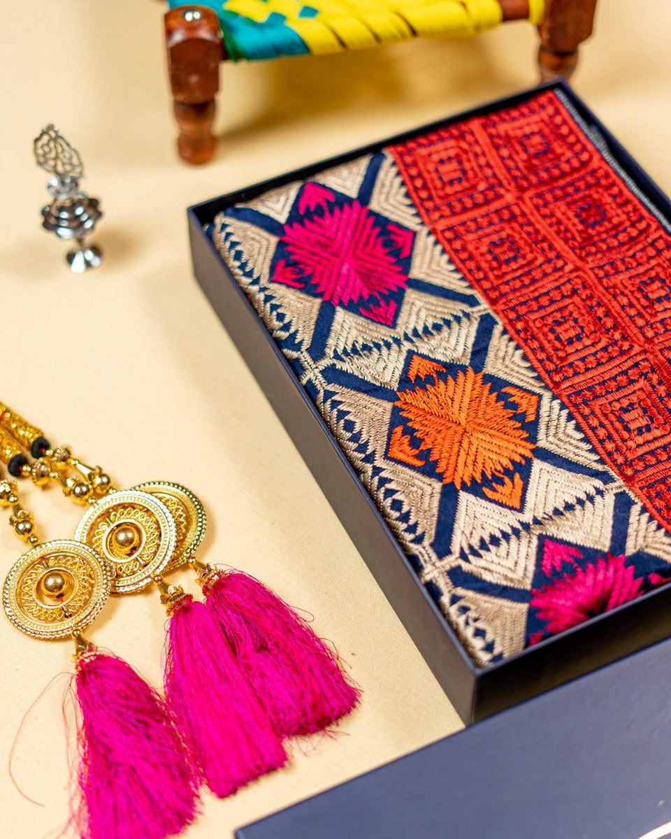 Phulkari Dupatta With Vibrant Multicolored Punjabi Bagh Hand Embroidered Navy Blue Colour Dupatta For Wedding 2.20 Mtr x 0.93 Mtr - The Amritsar Store