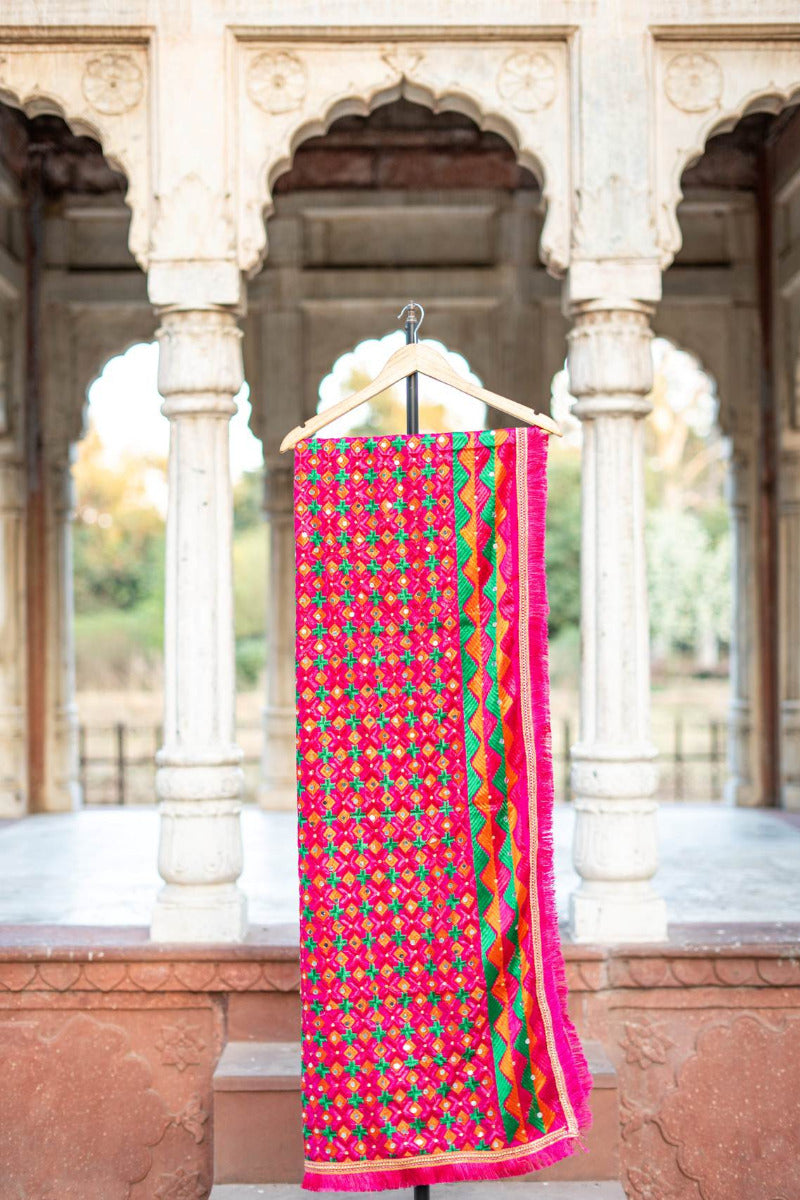 Phulkari Dupatta in Classic Magenta featuring Multicolour Handcrafted Embroidery For Women 2.25 Mtr x 1.00 Mtr - The Amritsar Store