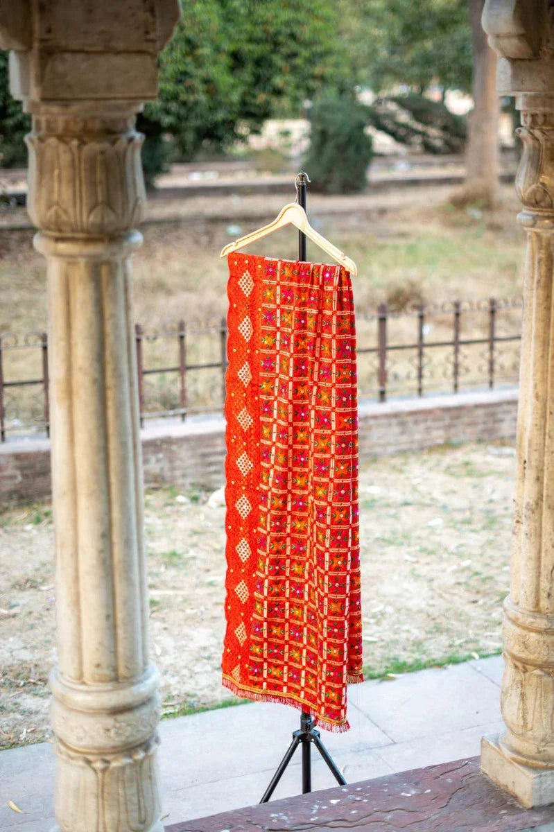 Phulkari Dupatta in Vibrant Red with Beautiful Hand Embroidery For Wedding With Cut Work 2.35 Mtr x 0.90 Mtr - The Amritsar Store