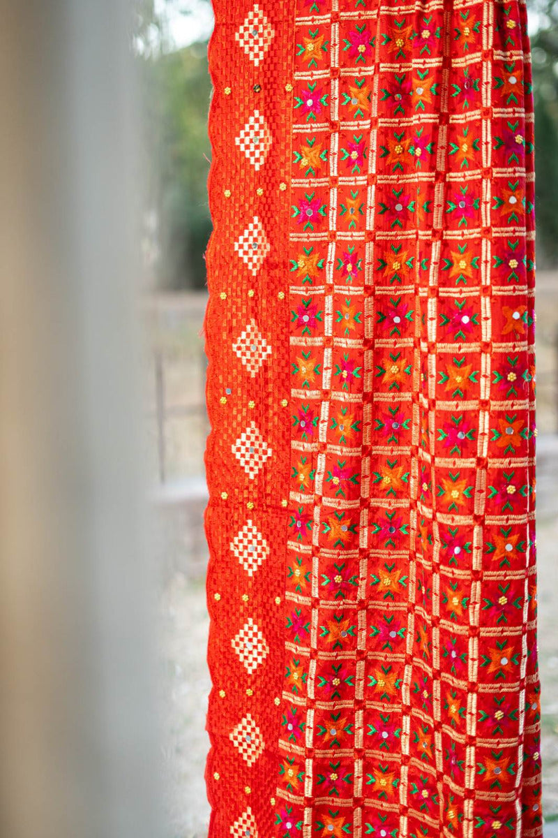 Phulkari Dupatta in Vibrant Red with Beautiful Hand Embroidery For Wedding With Cut Work 2.35 Mtr x 0.90 Mtr - The Amritsar Store