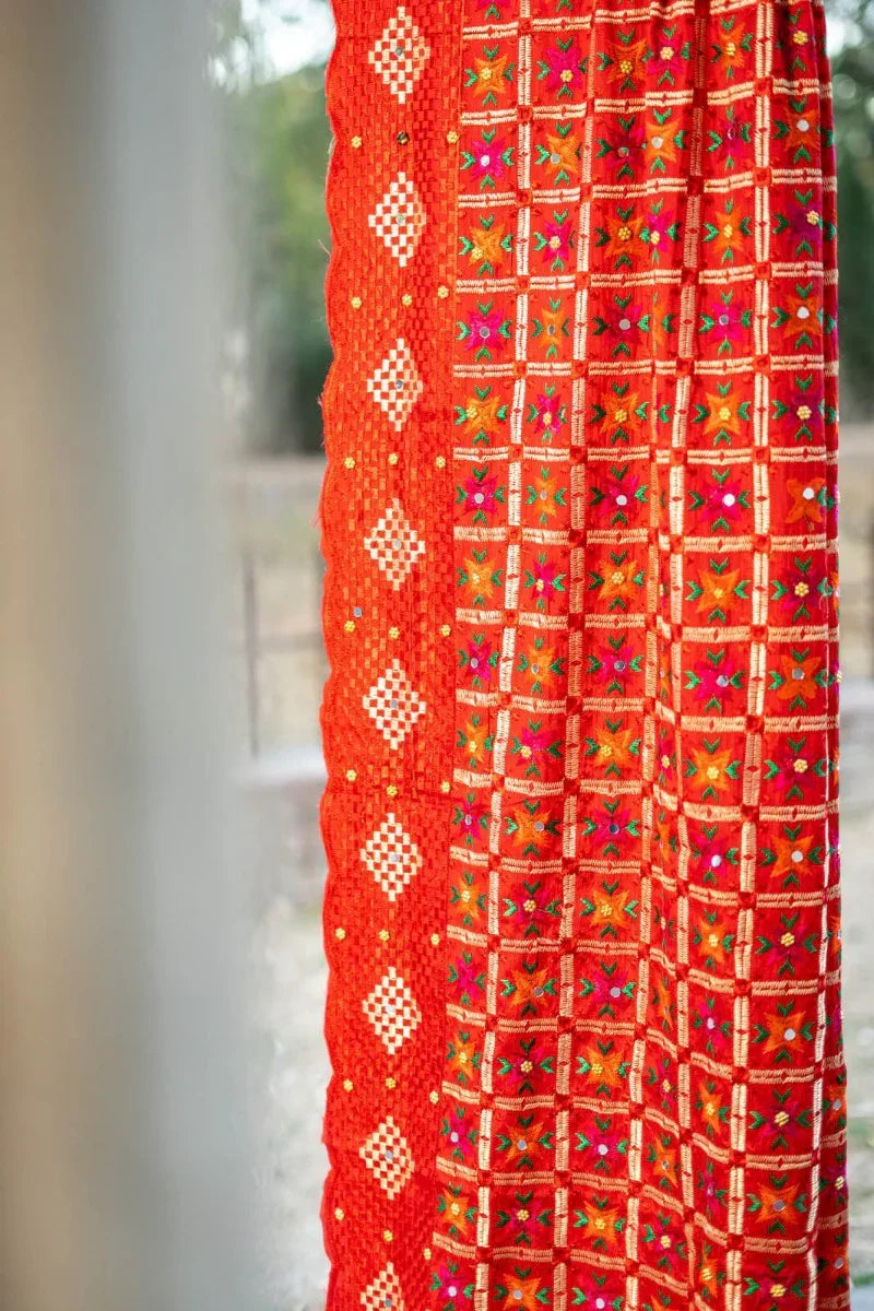 Phulkari Dupatta in Vibrant Red with Beautiful Hand Embroidery For Wedding With Cut Work 2.35 Mtr x 0.90 Mtr - The Amritsar Store