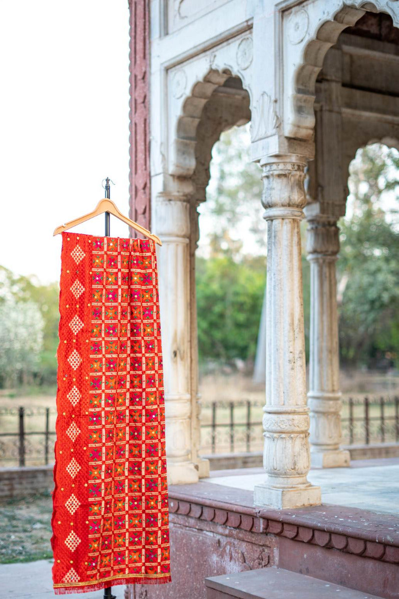 Phulkari Dupatta in Vibrant Red with Beautiful Hand Embroidery For Wedding With Cut Work 2.35 Mtr x 0.90 Mtr - The Amritsar Store