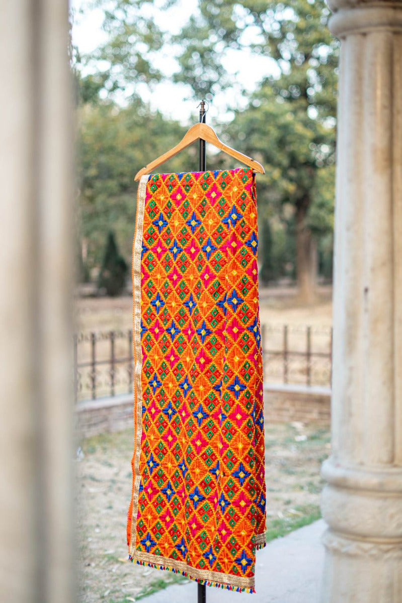Phulkari Dupatta Handmade Orange Colour with Exquisite Heavy Embroidery Design For Wedding With Gotta 2.20 Mtr x 0.97 Mtr - The Amritsar Store