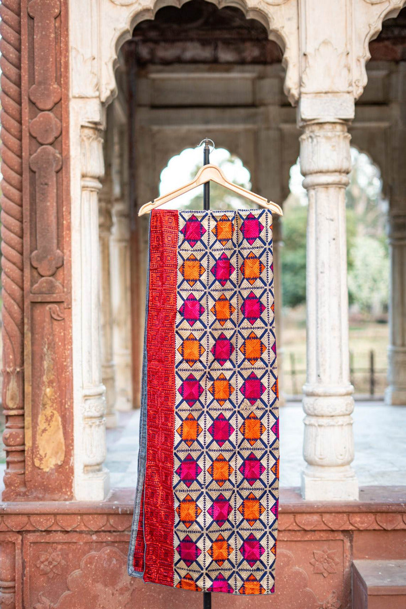 Phulkari Dupatta With Vibrant Multicolored Punjabi Bagh Hand Embroidered Navy Blue Colour Dupatta For Wedding 2.20 Mtr x 0.93 Mtr - The Amritsar Store