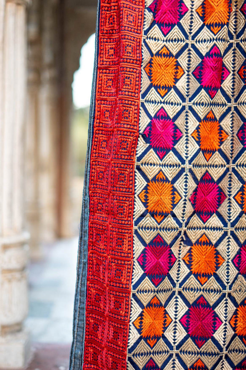 Phulkari Dupatta With Vibrant Multicolored Punjabi Bagh Hand Embroidered Navy Blue Colour Dupatta For Wedding 2.20 Mtr x 0.93 Mtr - The Amritsar Store