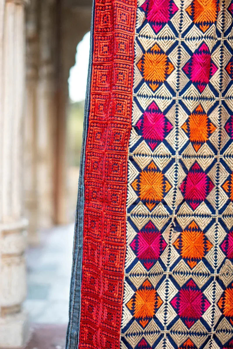 Phulkari Dupatta With Vibrant Multicolored Punjabi Bagh Hand Embroidered Navy Blue Colour Dupatta For Wedding 2.20 Mtr x 0.93 Mtr - The Amritsar Store