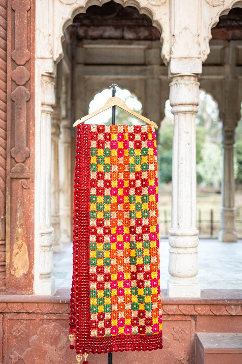 Phulkari Dupatta in Gorgeous Maroon With Multicolour Authentic Hand Embroidery With Tassels & Cut Work 2.25 Mtr x 0.92 Mtr - The Amritsar Store