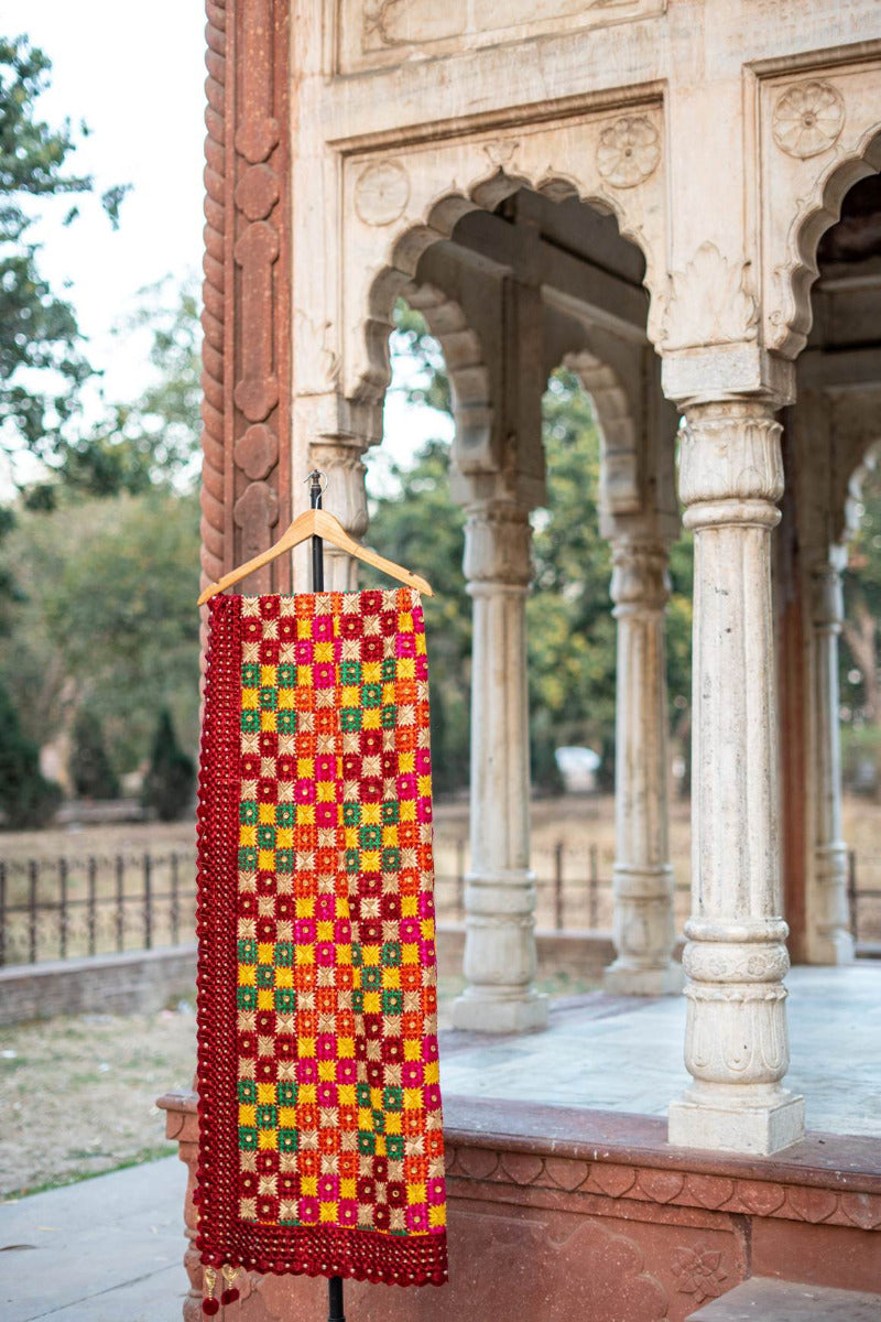 Phulkari Dupatta in Gorgeous Maroon With Multicolour Authentic Hand Embroidery With Tassels & Cut Work 2.25 Mtr x 0.92 Mtr - The Amritsar Store