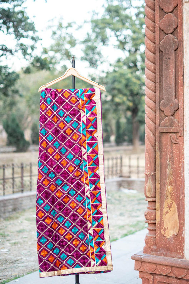 Phulkari Dupatta in Wine Colored With Traditional Multicolor Hand Embroidery With Four Side Gotta 2.25 Mtr x 0.98 Mtr - The Amritsar Store