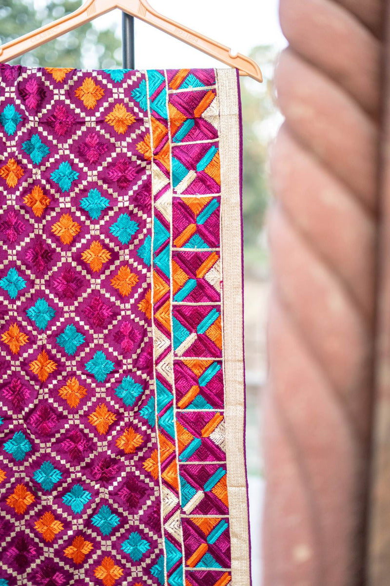 Phulkari Dupatta in Wine Colored With Traditional Multicolor Hand Embroidery With Four Side Gotta 2.25 Mtr x 0.98 Mtr - The Amritsar Store